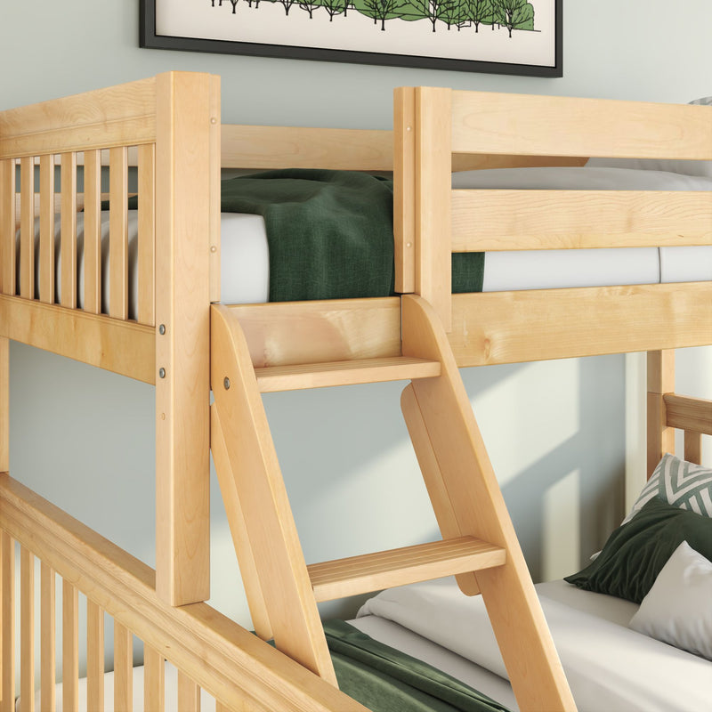 Natural maple wood bunk bed with angled ladder and safety rails, green bedding and pillows in modern children's bedroom