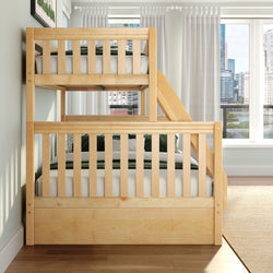 Natural wood twin-over-twin bunk bed with ladder in modern kids bedroom, sheer curtains and city skyline view