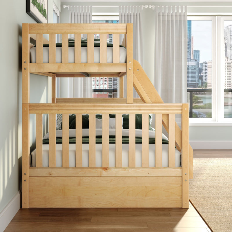 Natural wood twin-over-twin bunk bed with ladder in modern kids bedroom, sheer curtains and city skyline view