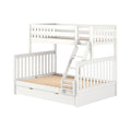 White wooden twin-over-full bunk bed with ladder, slatted mattress supports and under-bed storage drawer, modern kids' loft bed frame