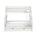 White wooden bunk bed with ladder and under-bed storage drawer, white bedding, modern children's bedroom furniture