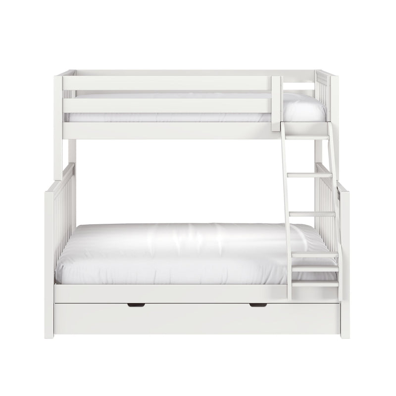 White wooden bunk bed with ladder and under-bed storage drawer, white bedding, modern children's bedroom furniture