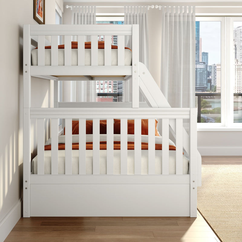 White bunk bed with rust-orange bedding in a modern kids' bedroom in an urban apartment, sheer curtains and city skyline view