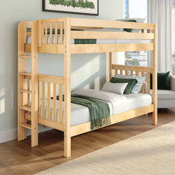 Maple twin-over-twin wooden bunk bed with ladder, green bedding and pillows in a bright modern kids' bedroom, space-saving loft design