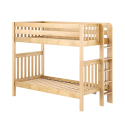 Light natural solid wood bunk bed with side ladder and slatted guardrails, space-saving kids loft bed