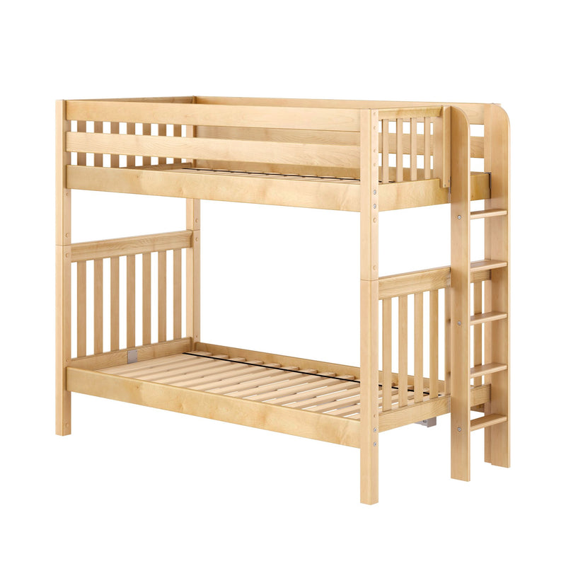 Light natural solid wood bunk bed with side ladder and slatted guardrails, space-saving kids loft bed