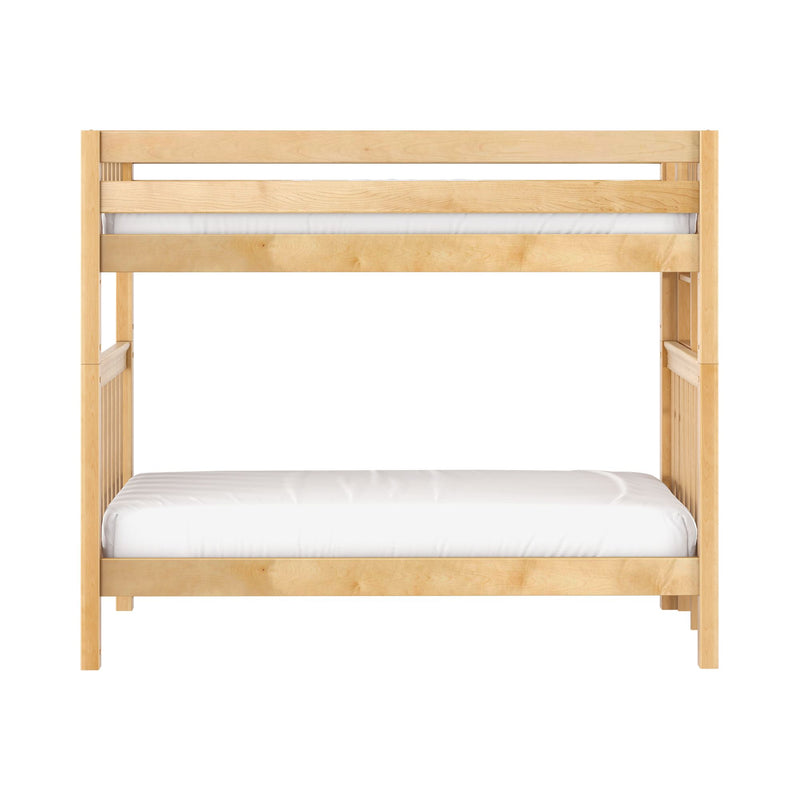 Natural maple twin-over-twin solid wood bunk bed frame with safety guardrails and white mattress, minimalist kids' bedroom furniture