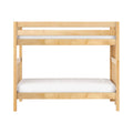 Natural maple twin-over-twin solid wood bunk bed frame with safety guardrails and white mattress, minimalist kids' bedroom furniture