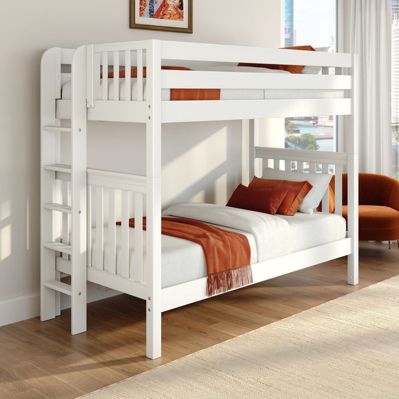 White wooden twin-over-twin bunk bed with ladder and rust-orange bedding in a modern, space-saving kids' bedroom filled with natural light and city views
