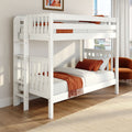 White wooden twin-over-twin bunk bed with ladder and rust-orange bedding in a modern, space-saving kids' bedroom filled with natural light and city views