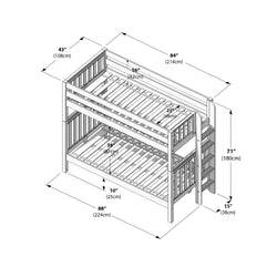 Dimensioned assembly diagram of a wooden twin-over-full bunk bed with ladder, guardrails and slatted mattress supports, overall 88 in × 84 in × 71 in (224 × 214 × 180 cm)