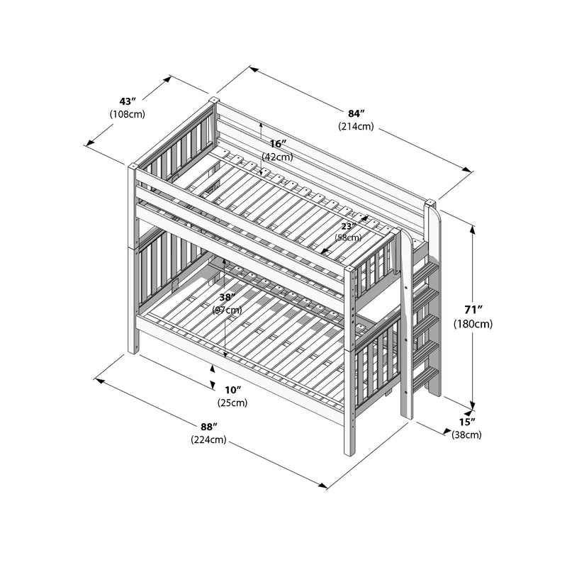Dimensioned assembly diagram of a wooden twin-over-full bunk bed with ladder, guardrails and slatted mattress supports, overall 88 in × 84 in × 71 in (224 × 214 × 180 cm)