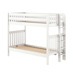 White wooden loft bunk bed with ladder and slatted guardrails, modern space-saving children's bedroom bed frame showing mattress slats and sturdy construction