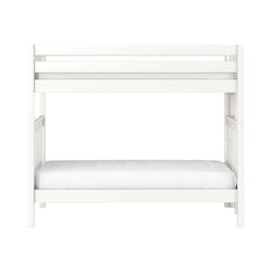 White wooden bunk bed with guard rails and white mattresses, modern minimalist children's bedroom furniture