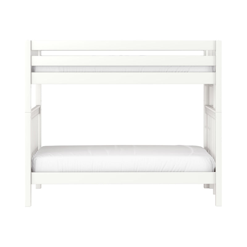 White wooden bunk bed with guard rails and white mattresses, modern minimalist children's bedroom furniture