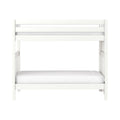 White wooden bunk bed with guard rails and white mattresses, modern minimalist children's bedroom furniture