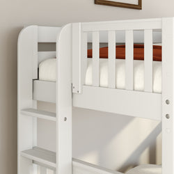 Close-up of white wooden bunk bed ladder and safety rails with neutral bedding and rust blanket in modern kids' bedroom