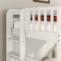 Close-up of white wooden bunk bed ladder and safety rails with neutral bedding and rust blanket in modern kids' bedroom