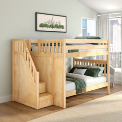 Wooden loft bunk bed with stairs in modern kids' bedroom, green bedding, framed skyline art and large city-view window
