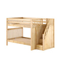 Solid wood children's bunk bed with staircase storage, safety rails and slatted twin-over-twin frames in natural finish