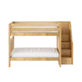 Natural maple wood bunk bed with guard rails and built-in staircase storage drawers, twin-over-full design with white mattresses, modern kids' bedroom furniture