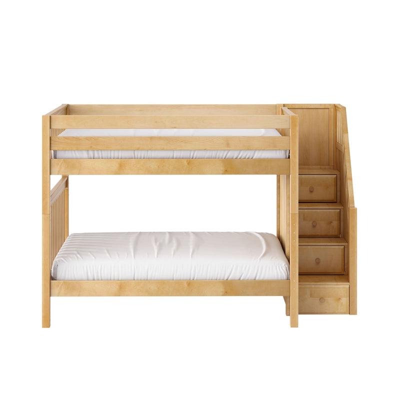 Natural maple wood bunk bed with guard rails and built-in staircase storage drawers, twin-over-full design with white mattresses, modern kids' bedroom furniture