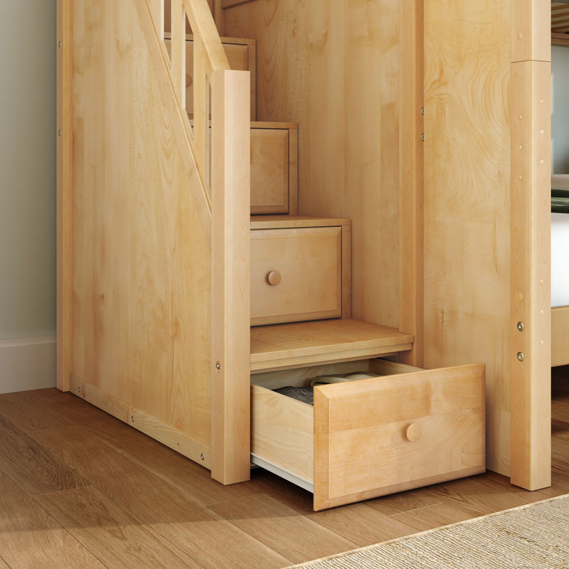 Light maple staircase with built-in drawers under steps, space-saving bedroom storage on hardwood floor