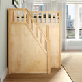 Light maple loft bed with stairs and safety rail in modern apartment bedroom, floor-to-ceiling windows and city skyline view