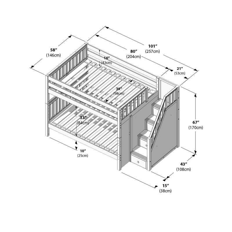 Assembly diagram of wooden twin-over-full bunk bed with built-in storage stairs and labeled dimensions in inches and centimeters