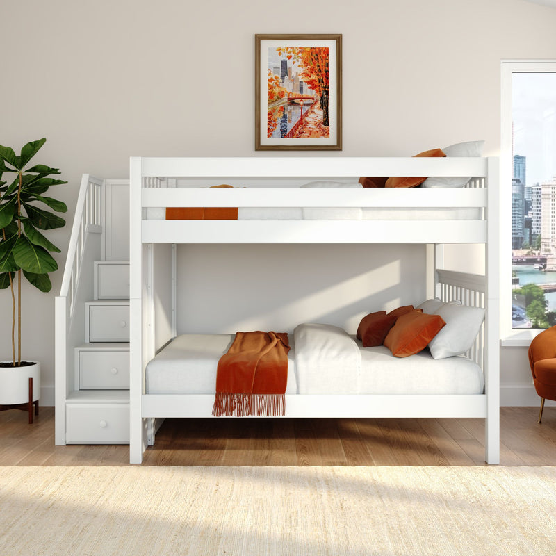 White loft bunk bed with built-in storage stairs in a bright modern kids' bedroom, orange throw and pillows, framed autumn cityscape artwork, potted plant and window with city skyline view