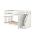 White wooden twin-over-full bunk bed with built-in staircase, under-stair storage drawers and slatted frame — space-saving kids' loft bed