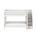 White wooden bunk bed with built-in staircase and storage drawers, modern kids' bedroom furniture