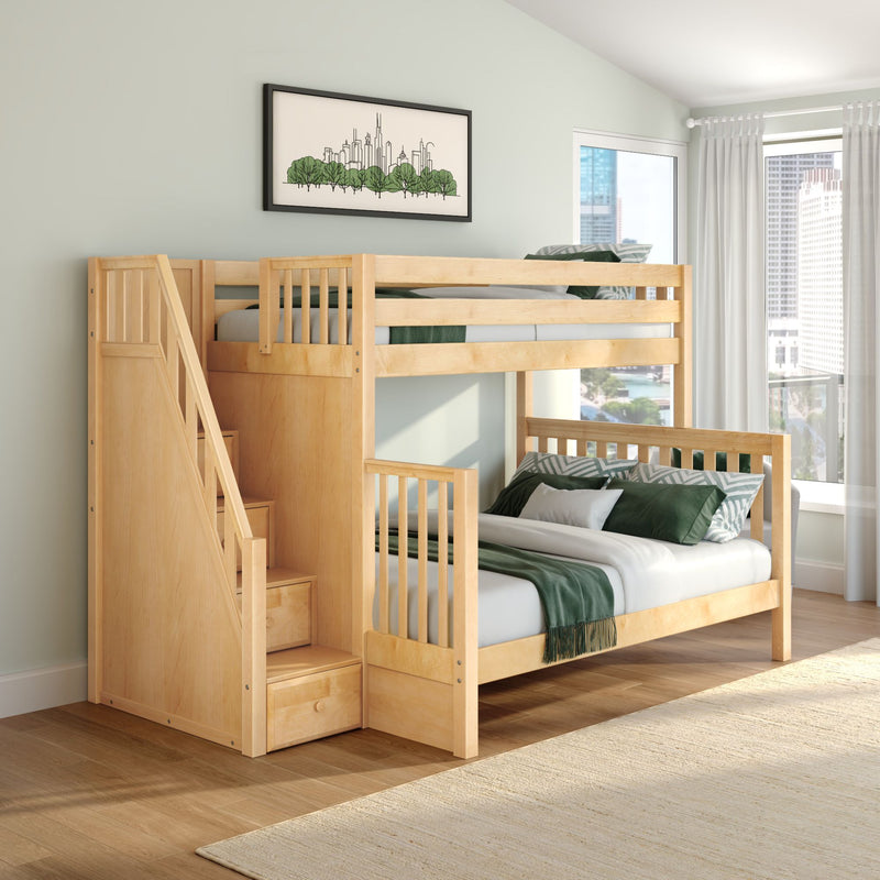 Wooden twin-over-full bunk bed with storage stairs, green bedding and city skyline wall art in bright modern kids' bedroom with large window and city view