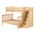 Natural light-wood loft bunk bed with staircase and built-in storage drawers, wooden slatted rails — space-saving kids bedroom furniture