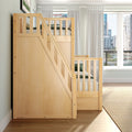 Modern natural wood bunk bed with built-in staircase in bright kids' bedroom, sheer curtains and city skyline view