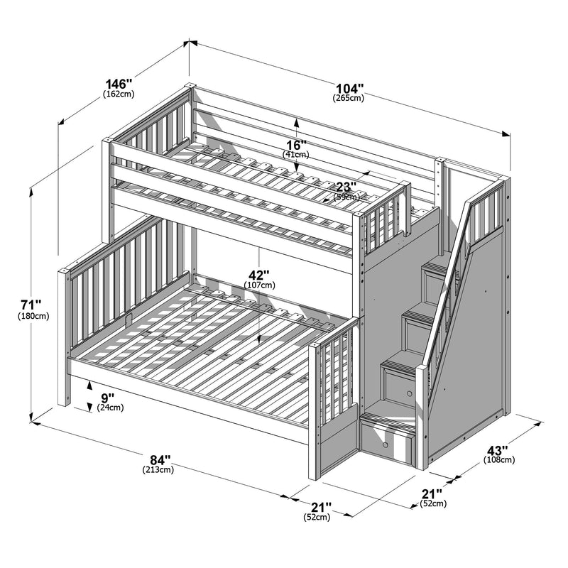 Isometric assembly schematic of a wooden triple bunk bed with stairs and built-in storage, showing key dimensions 84 in x 43 in x 71 in (213 x 108 x 180 cm) and guardrail and mattress platform details.