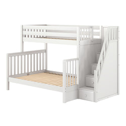 White wooden loft bunk bed with staircase and built-in storage drawers, slatted platform and safety rails for kids' bedroom