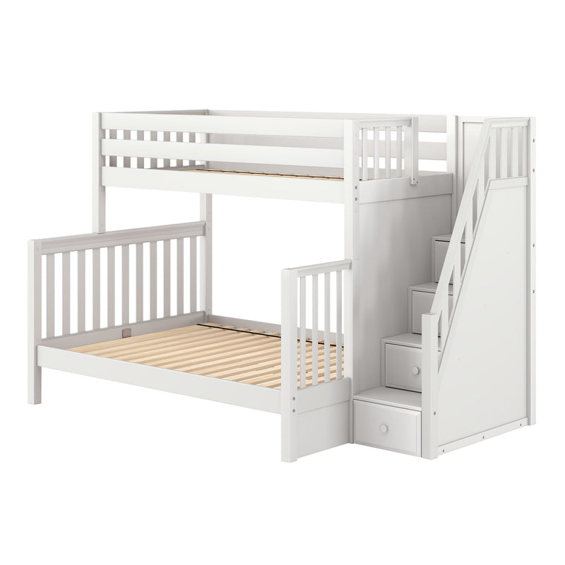 White wooden loft bunk bed with staircase and built-in storage drawers, slatted platform and safety rails for kids' bedroom