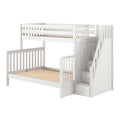 White wooden loft bunk bed with staircase and built-in storage drawers, slatted platform and safety rails for kids' bedroom