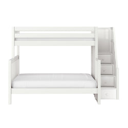 White wooden bunk bed with built-in staircase and storage drawers, modern kids' loft bed for small bedrooms