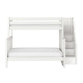 White wooden bunk bed with built-in staircase and storage drawers, modern kids' loft bed for small bedrooms