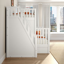 Modern white loft bunk bed with orange pillows in bright children's bedroom, sheer curtains and city skyline view