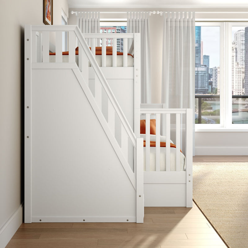 Modern white loft bunk bed with orange pillows in bright children's bedroom, sheer curtains and city skyline view