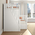 Modern white loft bunk bed with orange pillows in bright children's bedroom, sheer curtains and city skyline view