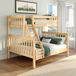 Natural wood bunk bed with ladder and green bedding in a modern kids' bedroom with framed city skyline art, large window showing urban skyline, hardwood floors and neutral walls