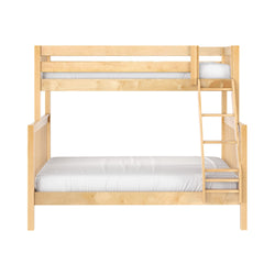 Natural maple solid wood loft bunk bed with ladder and white mattress, minimalist modern kids' bedroom furniture