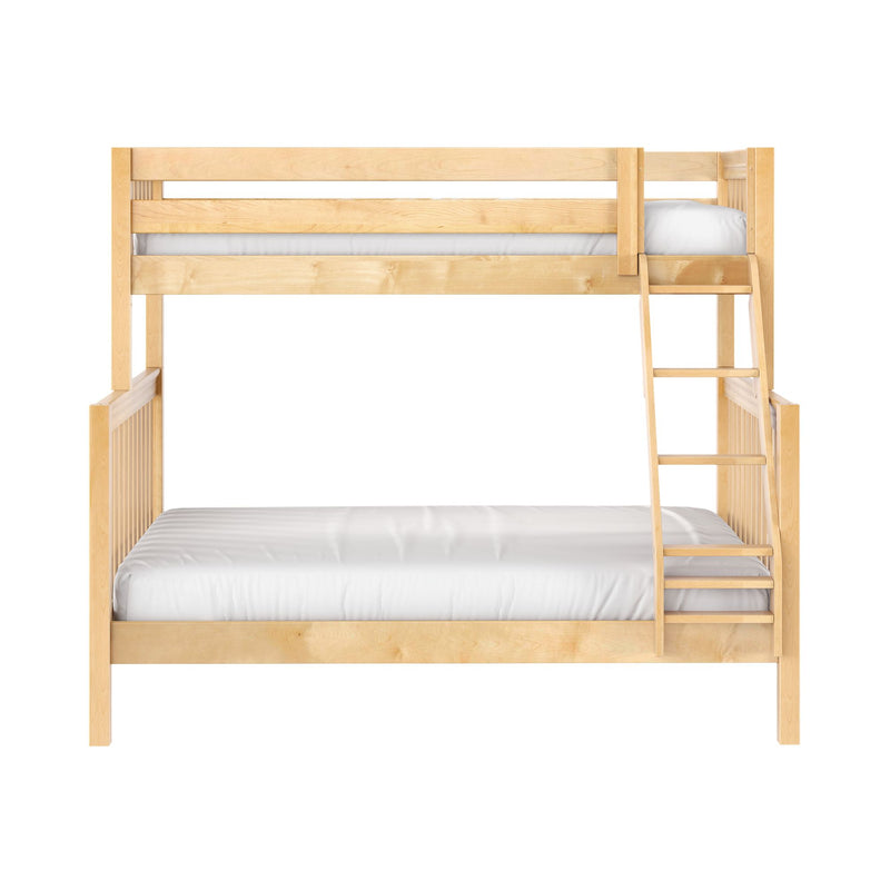 Natural maple solid wood loft bunk bed with ladder and white mattress, minimalist modern kids' bedroom furniture