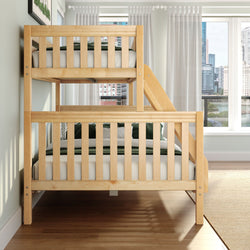 Natural wood bunk bed with ladder in modern kids' bedroom by large window and city skyline, neutral bedding and sheer curtains