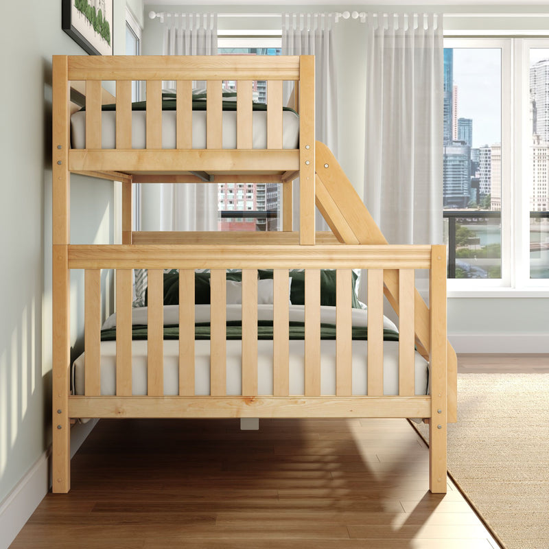 Natural wood bunk bed with ladder in modern kids' bedroom by large window and city skyline, neutral bedding and sheer curtains