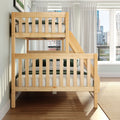 Natural wood bunk bed with ladder in modern kids' bedroom by large window and city skyline, neutral bedding and sheer curtains